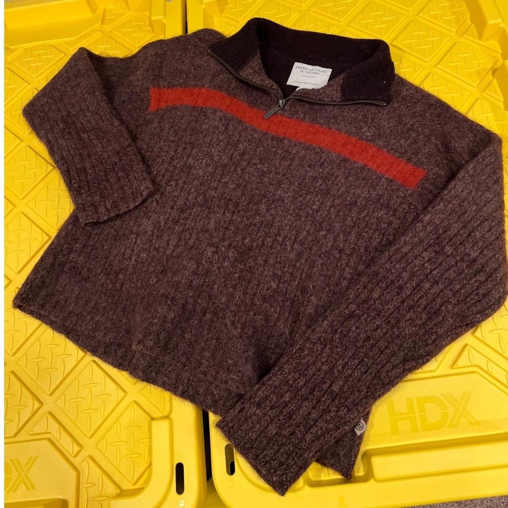 American Eagle Sweater Mens Large Brown Orange 100% Wool Quarter Zip RN54485